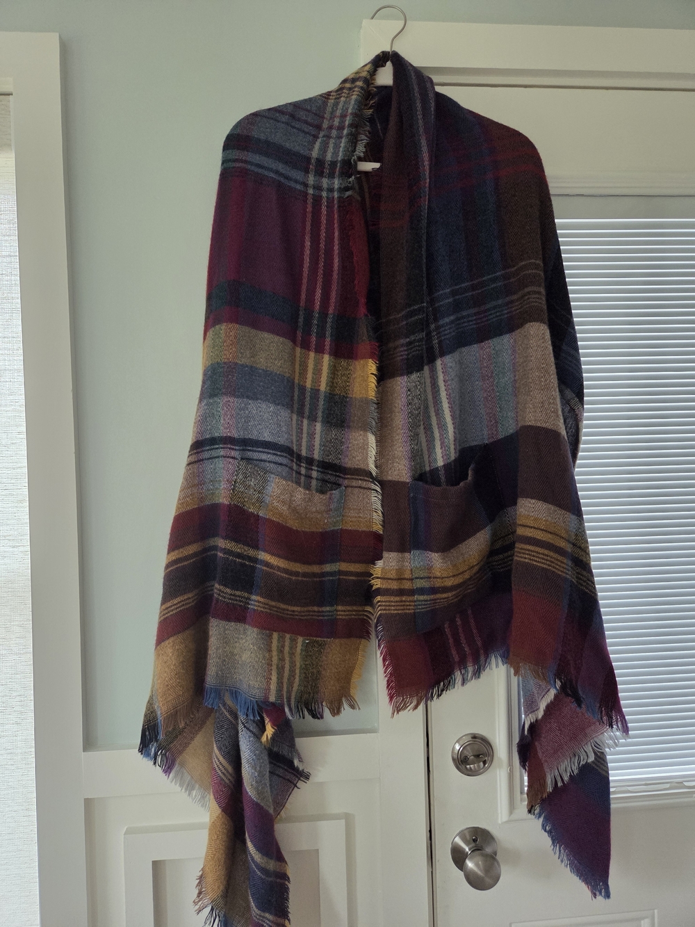 Grace & Lace Plaid Fringe Poncho Shawl in Burgundy, Navy & Mustard